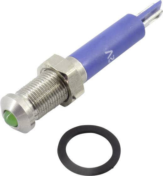 Metallischer LED-Indikator mit grünem Leuchtkopf und blauem Gehäuse, daneben eine schwarze Befestigungsscheibe.