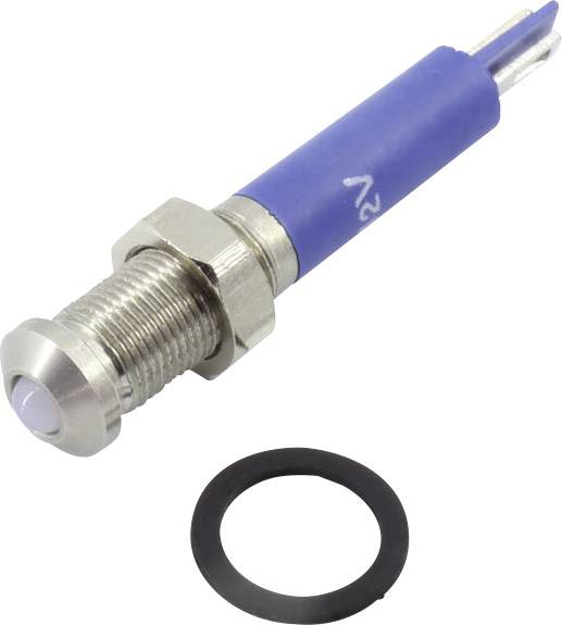 Metallschalter mit blauer Ummantelung und schwarzem Ring, geeignet für 12-24V Anwendungen. Ideal für die Montage in Gerätepaneele.