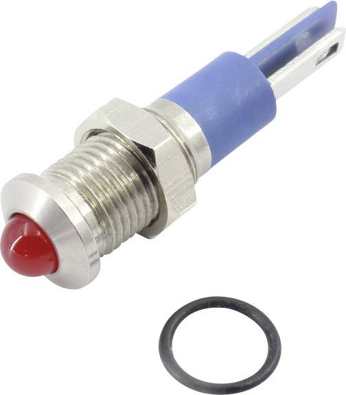 Ein roter Druckknopfschalter und ein schwarzer Dichtungsring. Der Schalter hat ein blaues Kunststoffgehäuse und ein silbernes Metallgewinde.