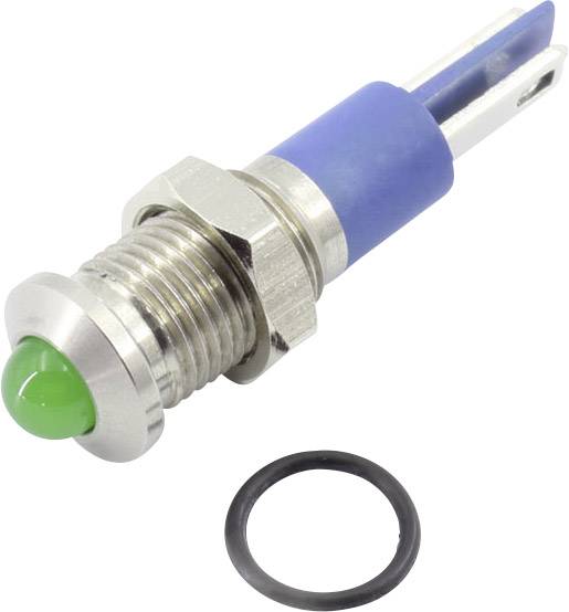 Ein grüner LED-Druckschalter mit Metallgewinde und blauem Isoliergehäuse, daneben ein schwarzer Gummidichtring.