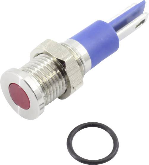 Ein roter Druckknopfschalter mit Gewinde und blauer Ummantelung, daneben ein schwarzer Dichtungsring. Geeignet für elektronische Anwendungen.