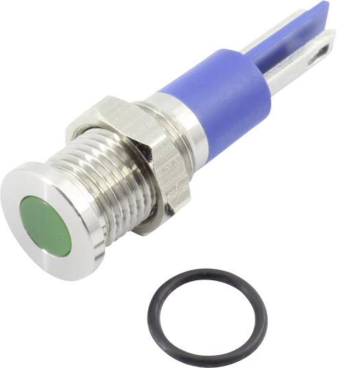 Ein metallischer Druckknopf mit grünem Einsatz ist neben einem schwarzen Dichtungsring abgebildet.