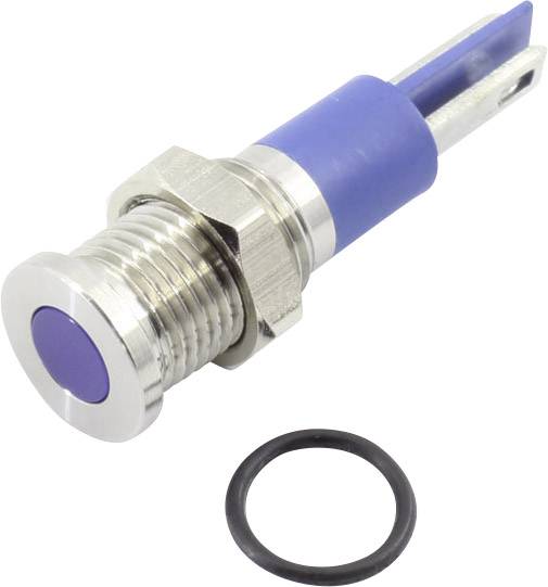 Ein runder, blauer Druckschalter aus Metall mit einem Gewinde zur Befestigung. Ein schwarzer Dichtungsring liegt daneben.