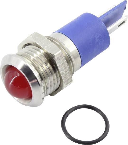 Ein runder, roter Druckknopfschalter aus Metall mit einem blauen Kunststoffgehäuse, daneben ein schwarzer O-Ring.