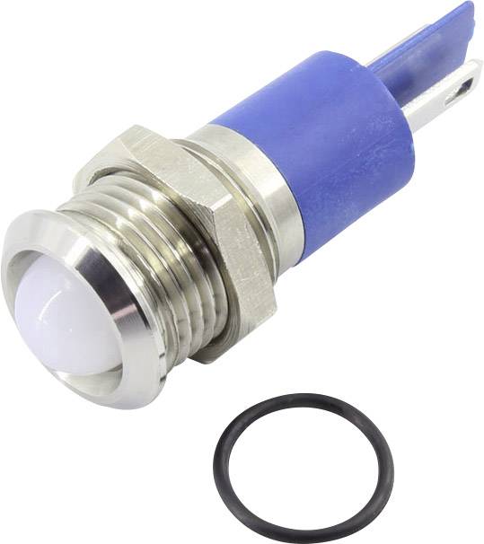 Ein runder Metall-Druckknopf mit blauem Kunststoffgehäuse und einem separat liegenden schwarzen Dichtungsring.
