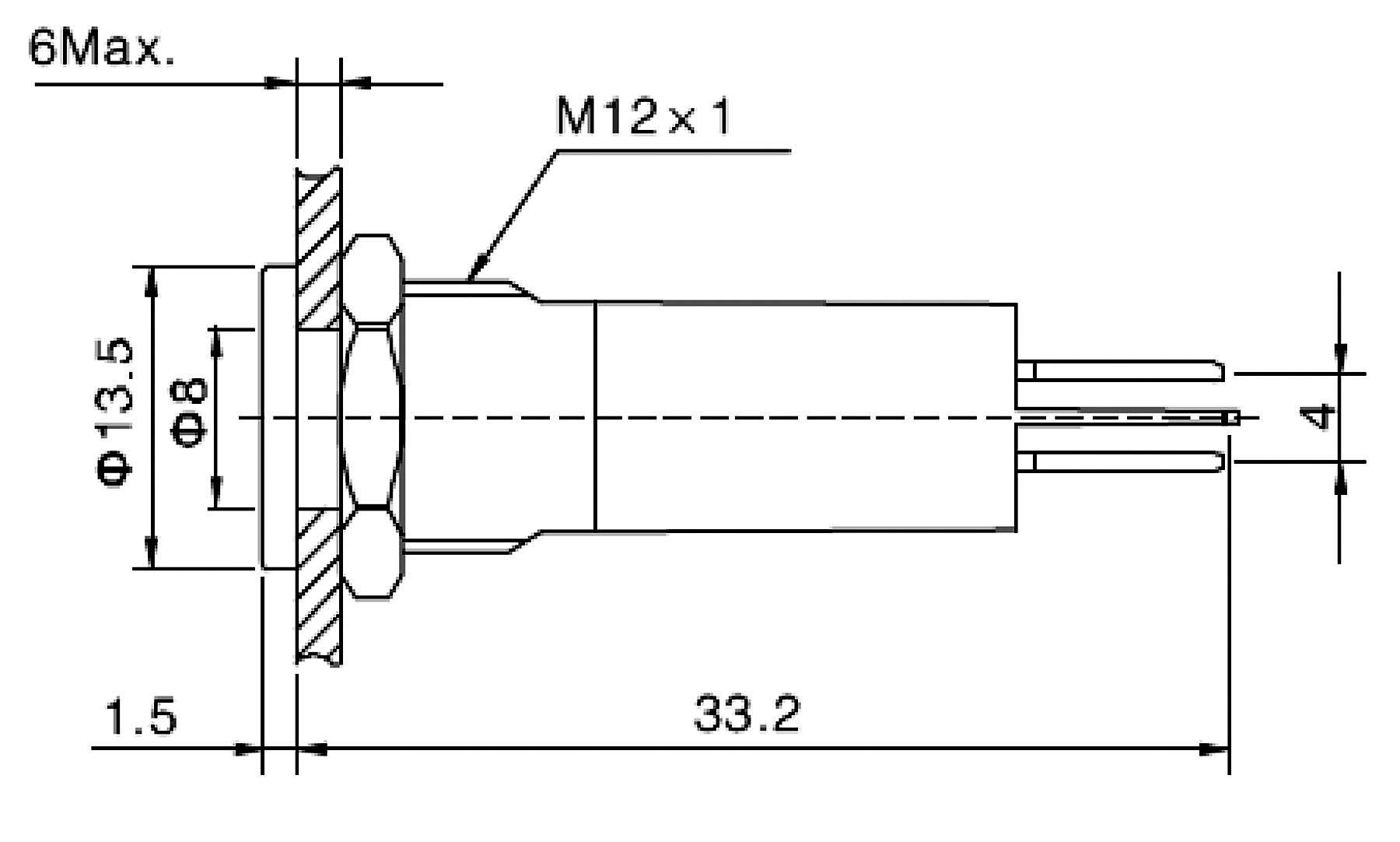 Technische Zeichnung eines zylindrischen Metallbauteils mit Maßen und Gewindeangaben. Hauptmaße: Gesamtlänge 33,2 mm, Durchmesser 13,5 mm.