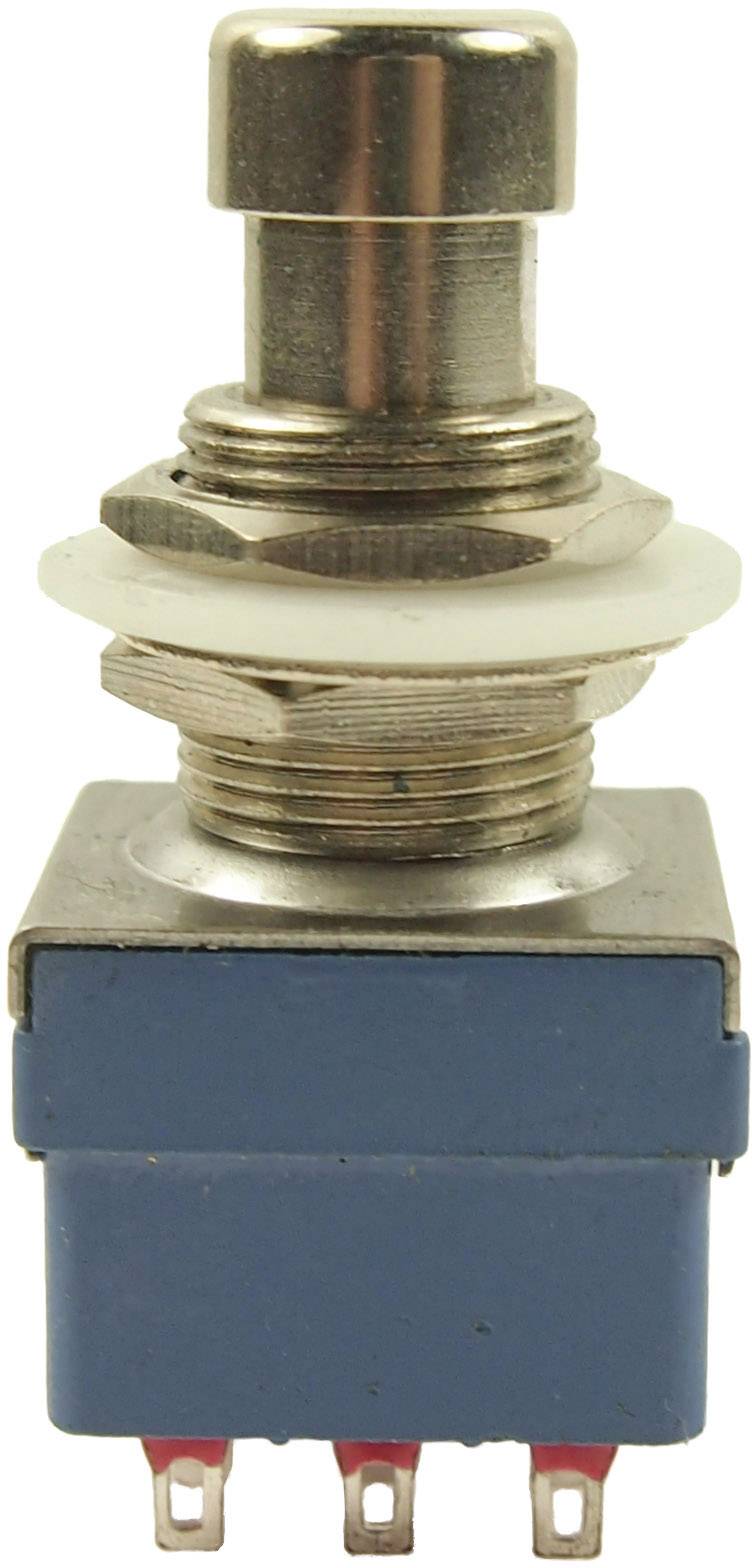 Metallschalter mit blauem Gehäuse und drei roten Kontakten unten. Wird oft in Elektronikprojekten für mechanische Schaltung verwendet.