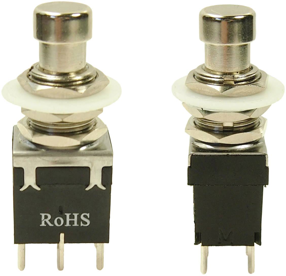 Zwei metallische Druckknöpfe in Schwarz und Silber, jeweils mit RoHS-Markierung, geeignet für elektronische Schaltungen.