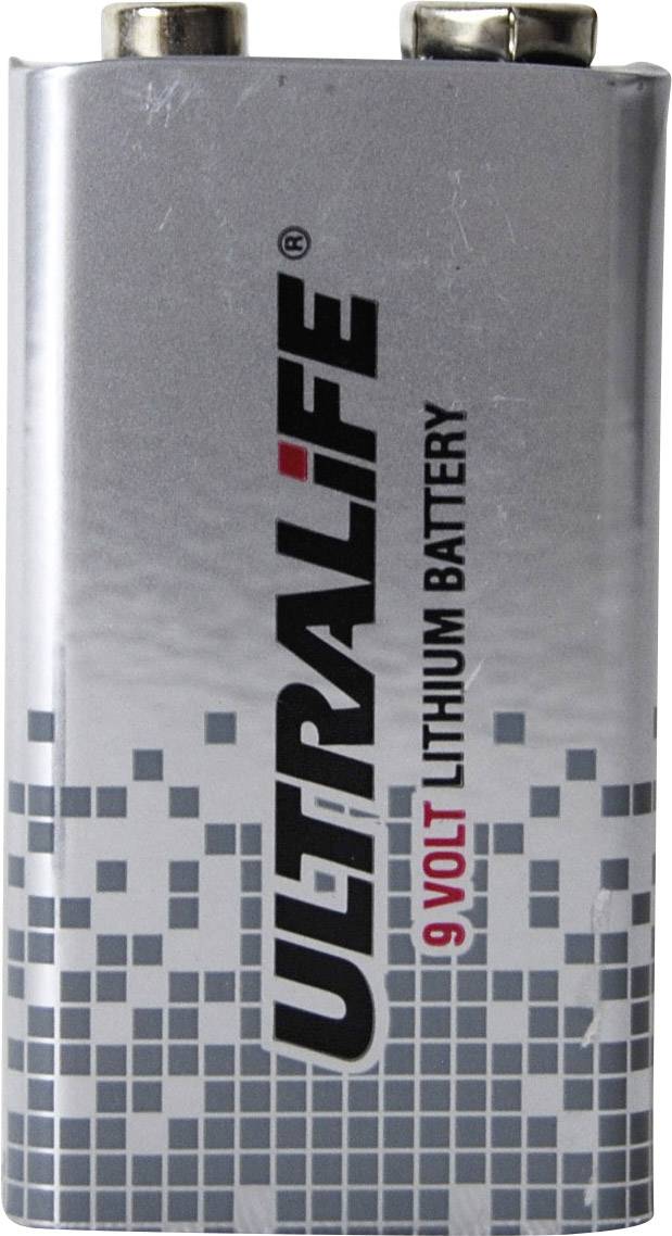 Silberne 9-Volt-Lithium-Batterie mit rotem Schriftzug '9 VOLT' und markantem Muster unten, Marke 'Ultralife'.