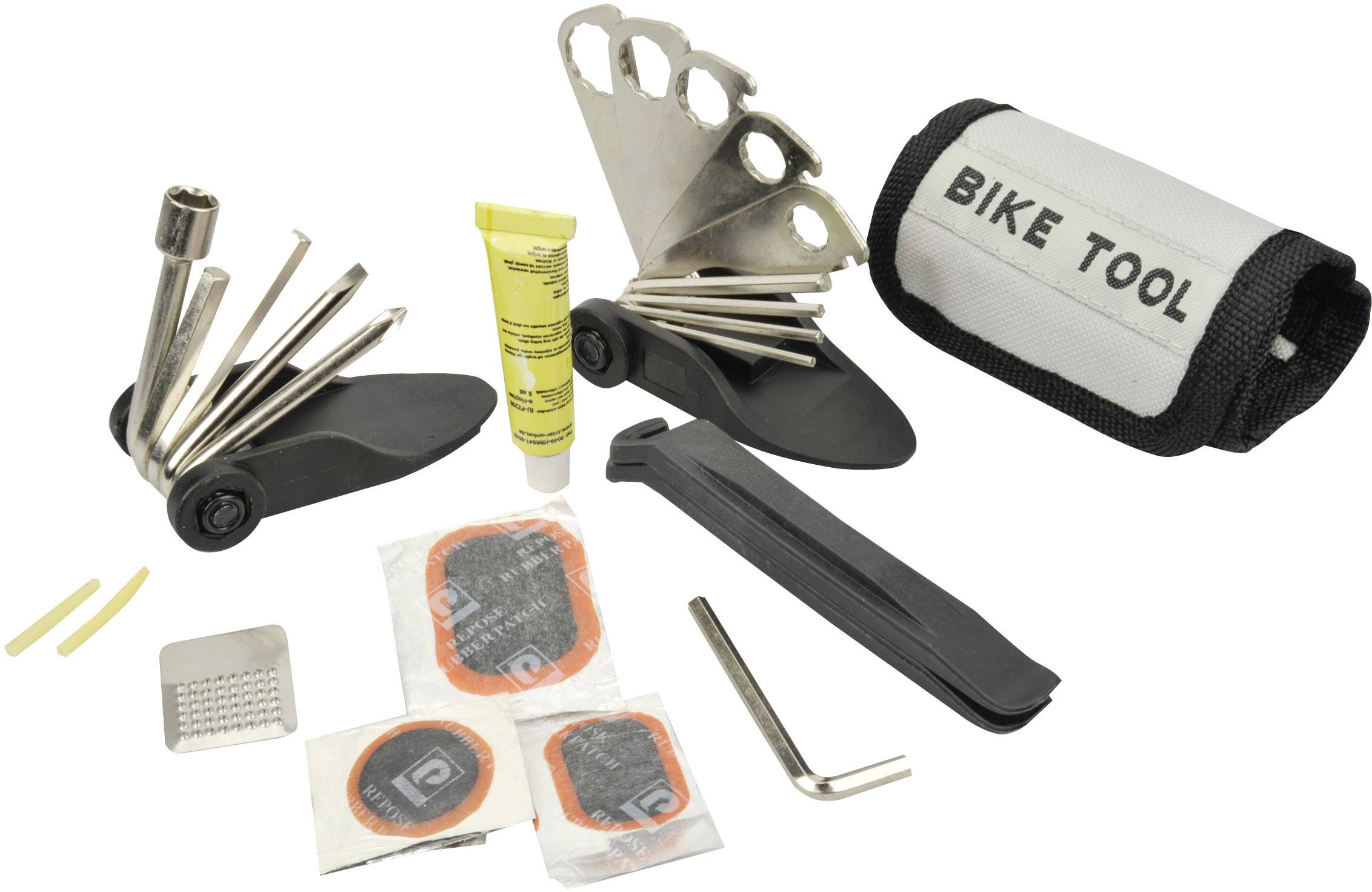 Multifunktionales Fahrradwerkzeugset mit Flicken, Reifenheber, Inbusschlüssel, Mehrfachwerkzeug und Tasche mit der Aufschrift 'Bike Tool'.