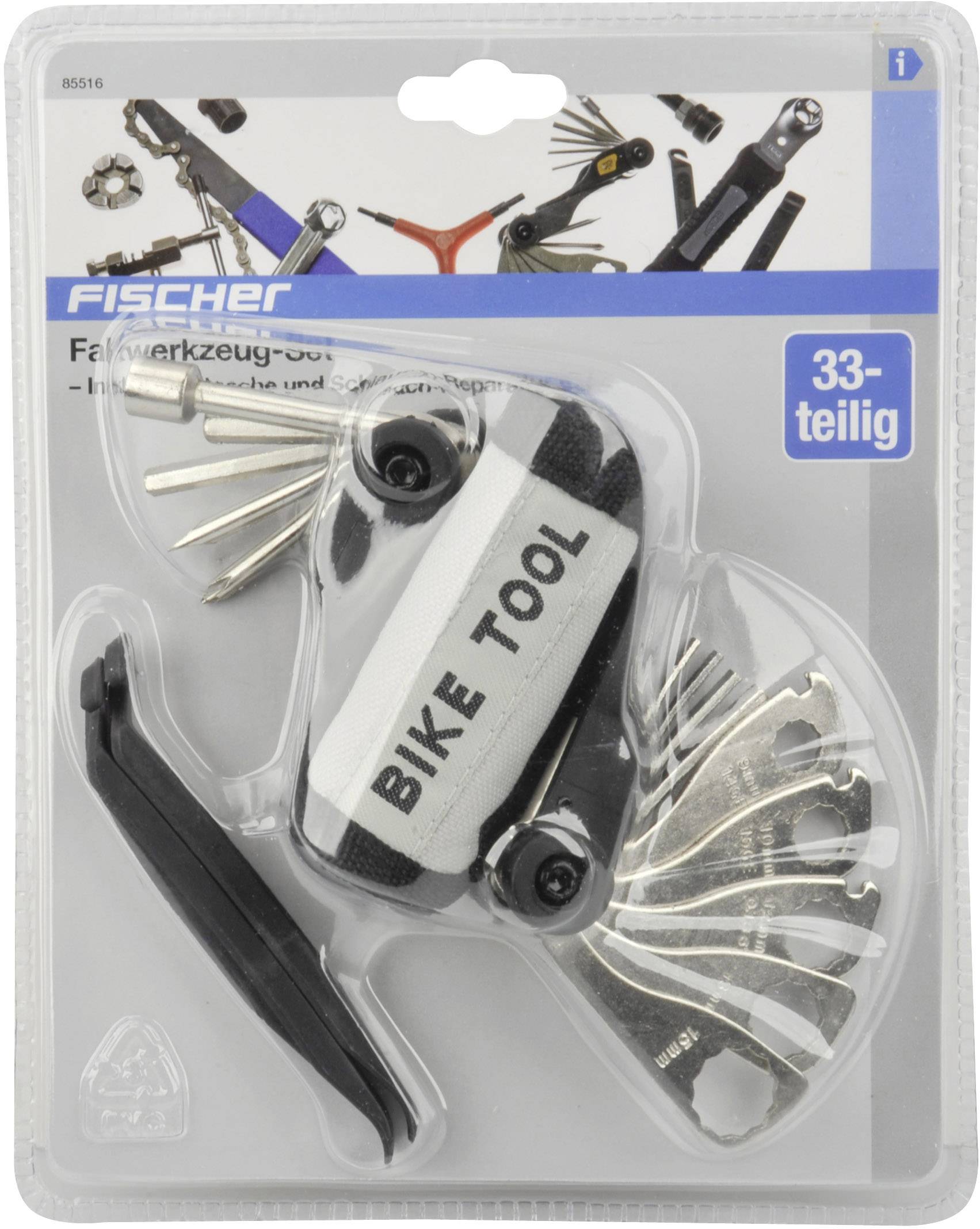 Fahrradwerkzeug-Set mit 33 Teilen in Blisterverpackung. Enthält ein Multitool mit Inbusschlüsseln, Schraubendrehern und mehr.