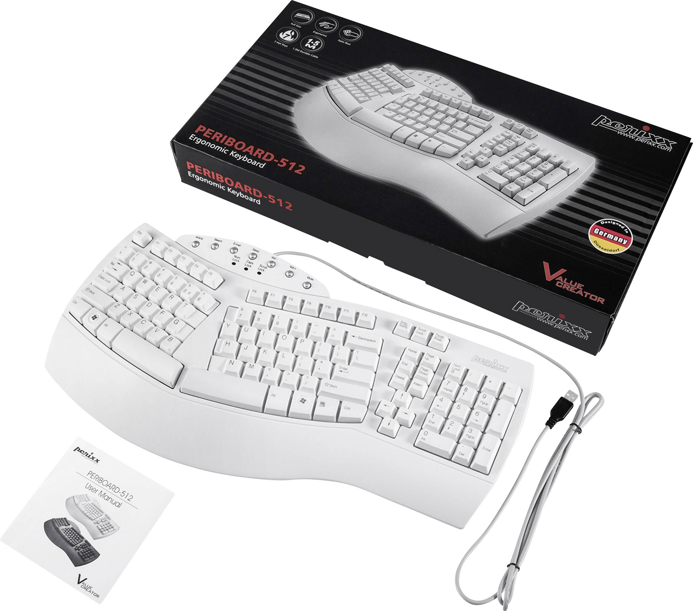 Perixx Periboard-512 USB Tastatur Deutsch, QWERTZ Weiß Ergonomisch