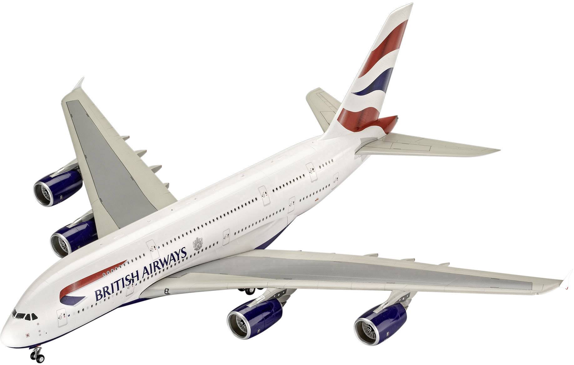 Ein großes Passagierflugzeug mit British Airways-Logo fliegt in der Luft, mit vier Triebwerken und weißen Tragflächen.
