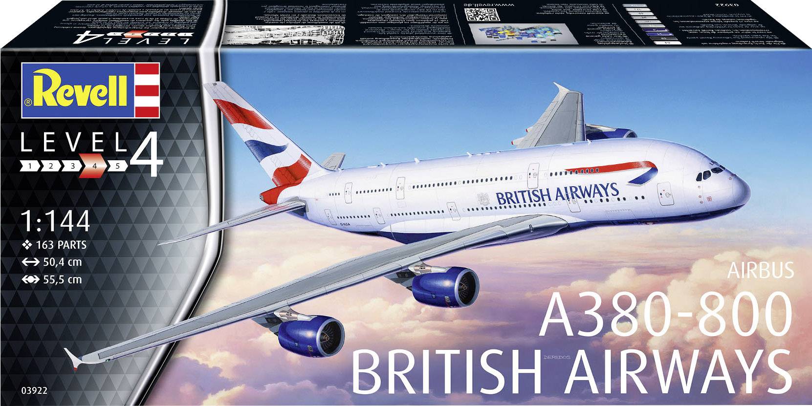 Revell Modellbausatz eines Airbus A380-800 in 'British Airways'-Lackierung, Maßstab 1:144, 163 Teile, Schwierigkeitsgrad 4. Verpackungsbild.