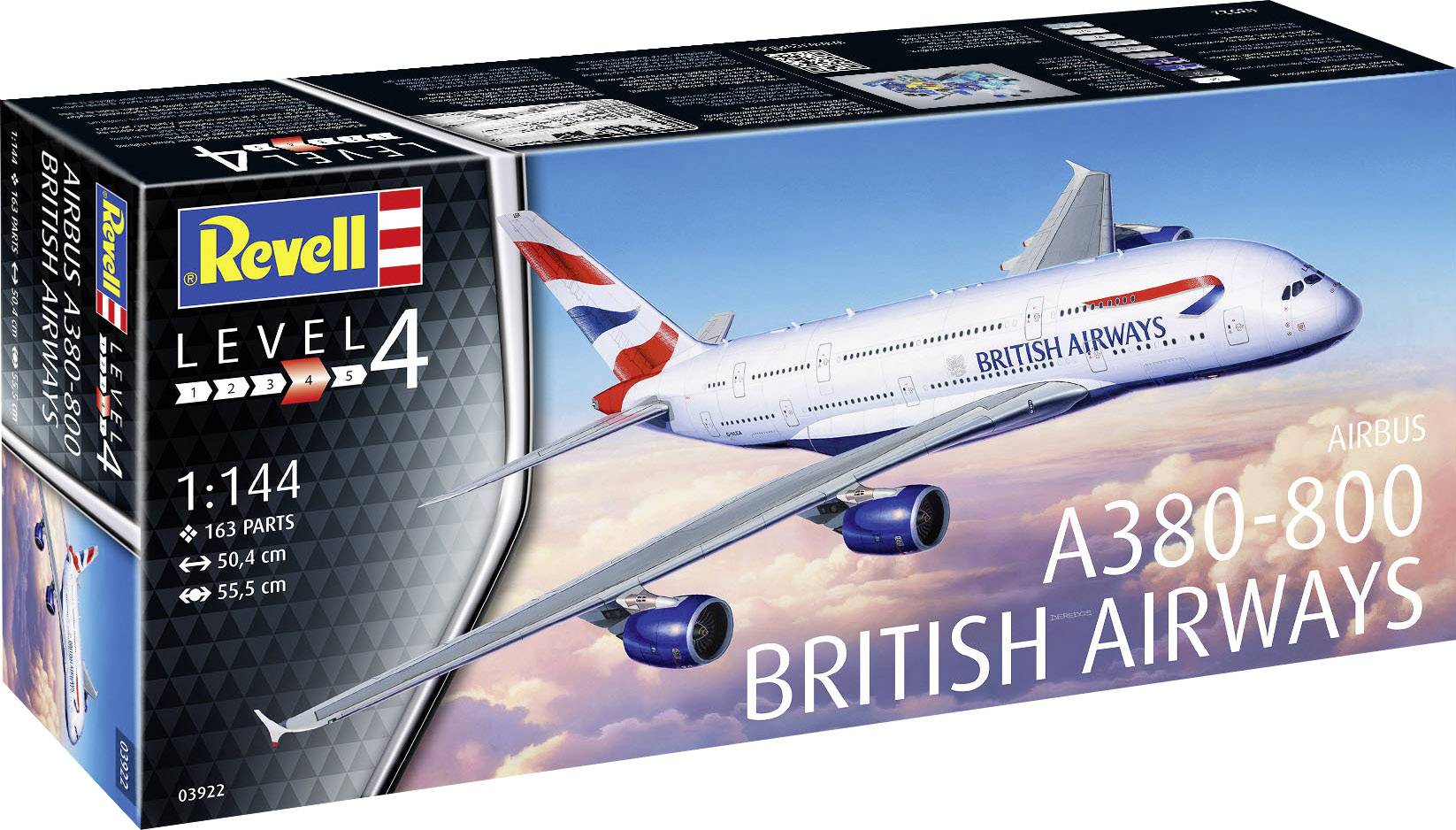 'Revell Level 4' Modellbauset einer 'British Airways Airbus A380-800', Maßstab 1:144, besteht aus 163 Teilen. Verpackungsdesign zeigt das Flugzeug im Flug.