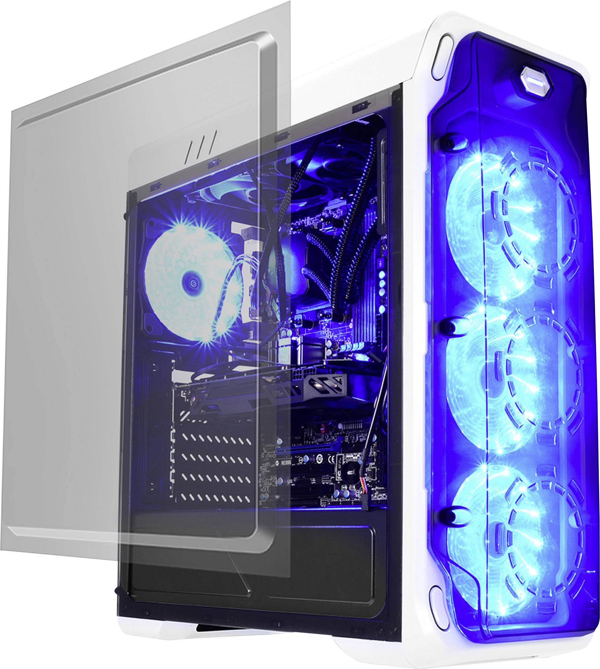 LC Power LC-988W-ON Midi-Tower PC-Gehäuse, Gaming-Gehäuse Weiß 4 Vorinstallierte LED Lüfter, Integrierte Beleuchtung, Lüftersteuerung, Seitenfen