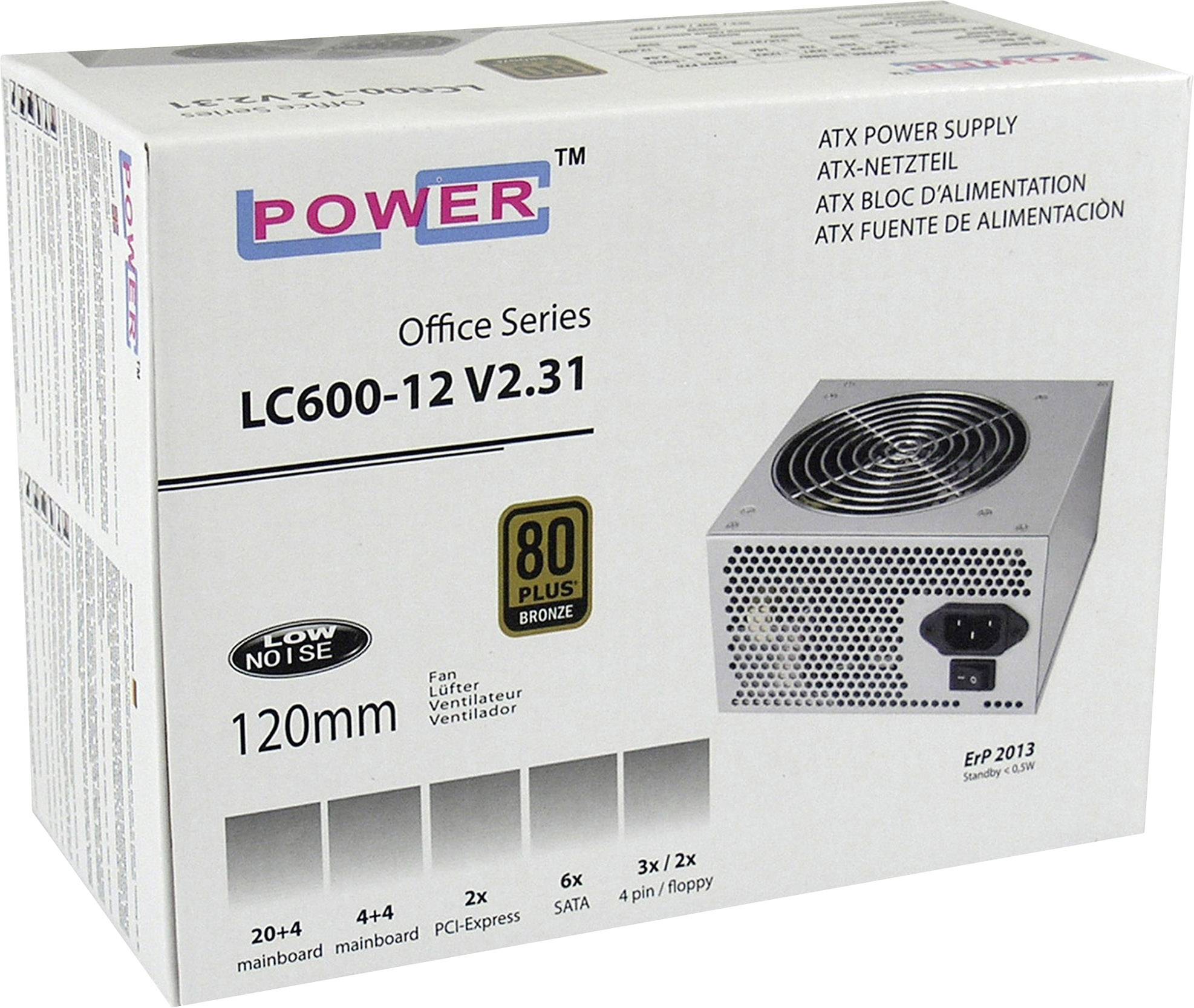 Netzteil-Verpackung mit der Aufschrift 'POWER Office Series LC600-12 V2.31'. Zeigt Merkmale wie '80 PLUS Bronze', 120mm Lüfter und Anschlüsse.