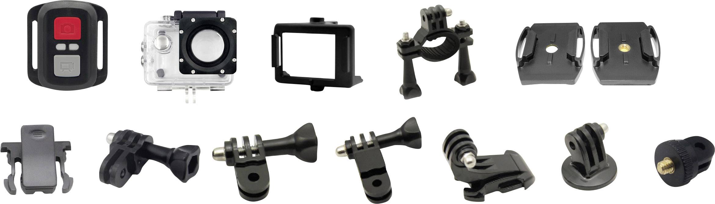 Verschiedene Kamera-Zubehörteile für Actionkameras, einschließlich Halterungen, Rahmen und Befestigungselemente in einer Reihe angeordnet.