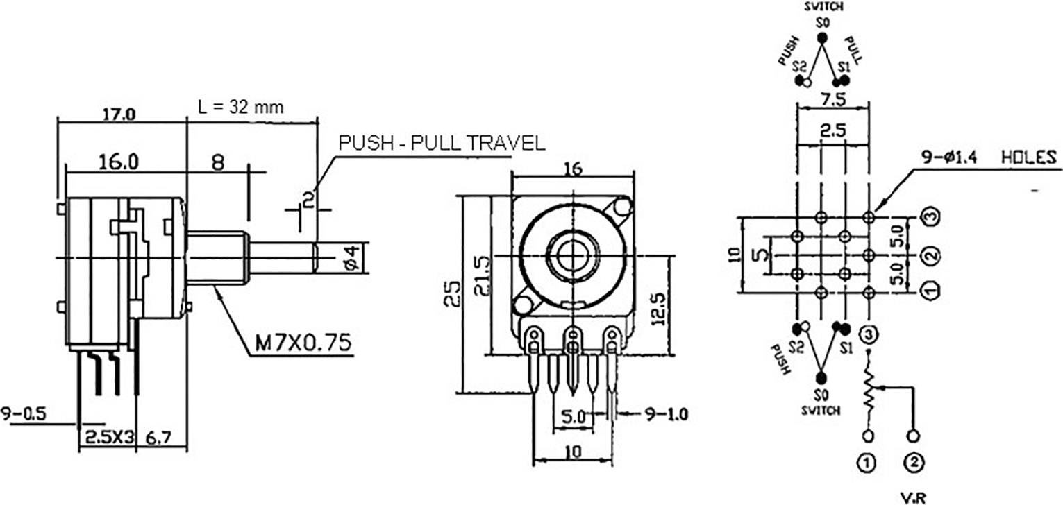 Potentiometer Service RD1601SF-20B4-30R6-B10K 63250-01402-5835/B10K Dreh-Potentiometer 1-Gang, mit Druck-Zug-Schalter Mono 0.2W
