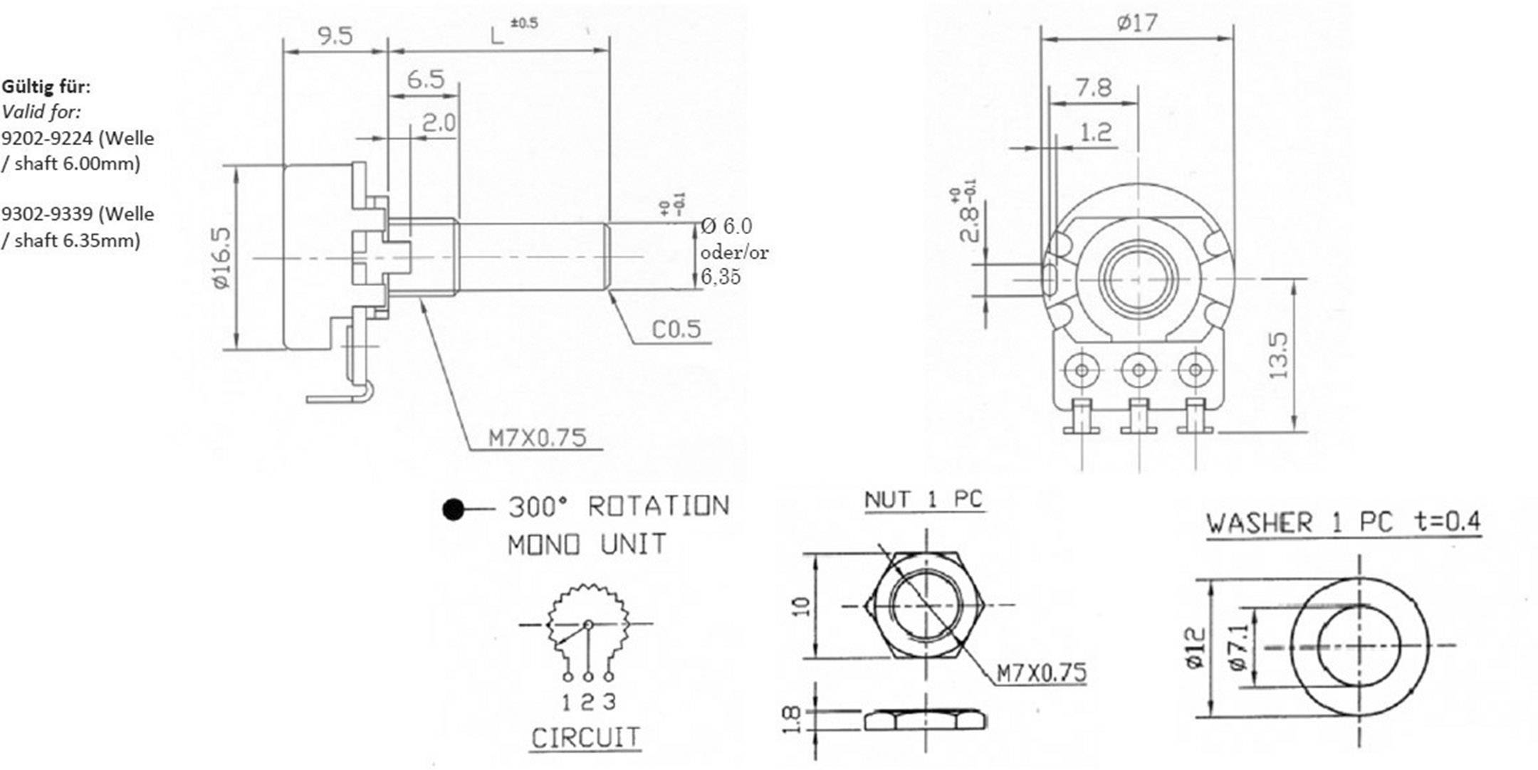 Potentiometer Service RV16AF-10-15R1-A1K RV16AF-10-15R1-9315/A1K Dreh-Potentiometer 1-Gang Mono 0.06W 1kΩ