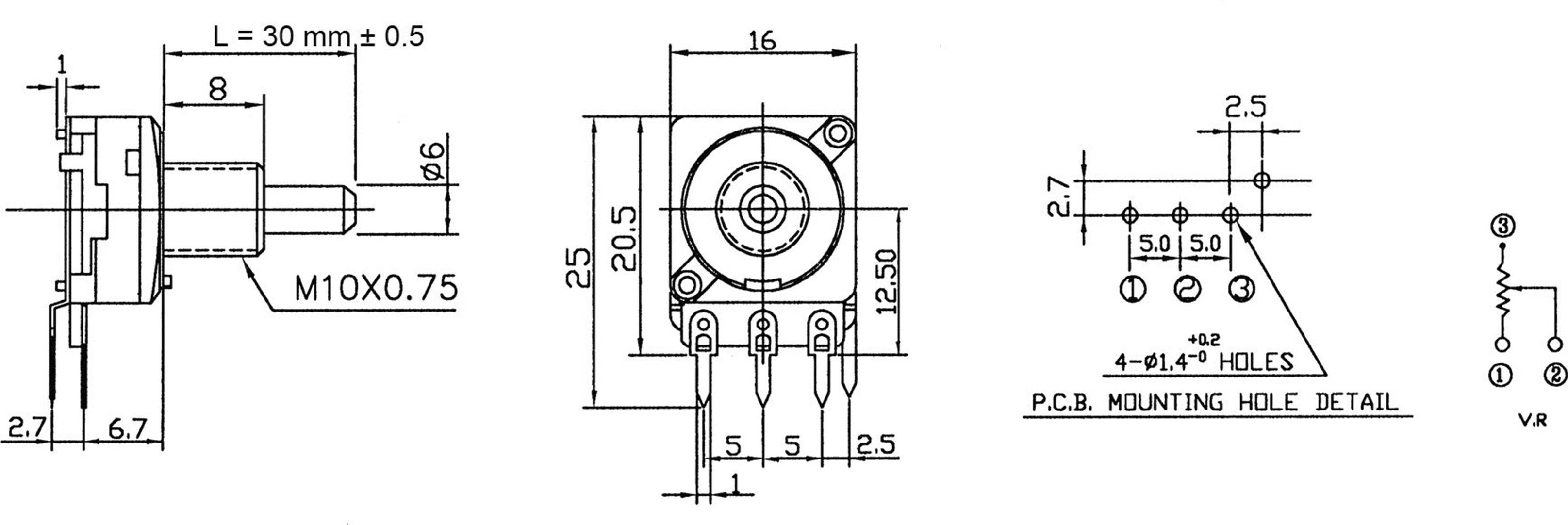 Potentiometer Service RD1601F-20F4-30R-B250K-602 63250-01600-2169/B250K Dreh-Potentiometer 1-Gang Mono 0.2W 250kΩ 1St.
