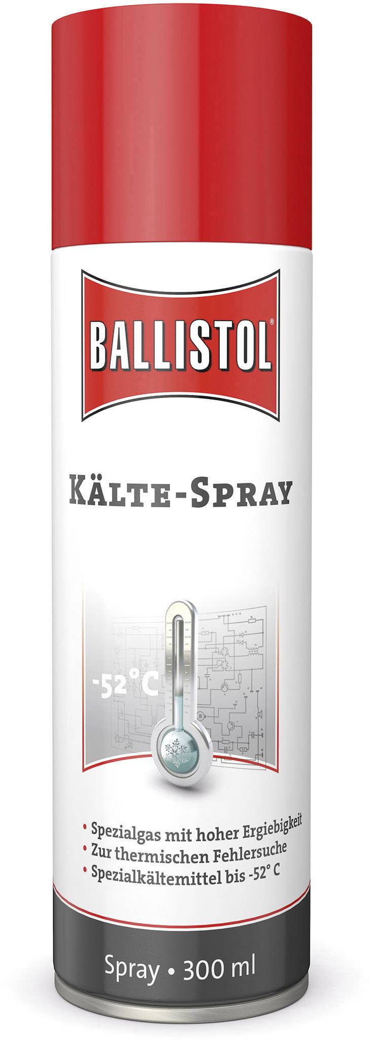 Sprühdose mit rotem Deckel, Aufschrift 'Ballistol Kälte-Spray'. Geeignet bis -52°C, 300 ml. Verwendbar zur Fehlersuche und Kühlung.