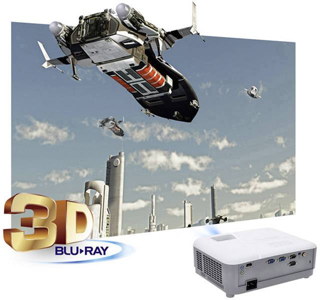 Ein Projektor zeigt ein 3D-Bild eines futuristischen Flugzeugs über einer Stadt. Rechts unten steht '3D Blu-Ray'.