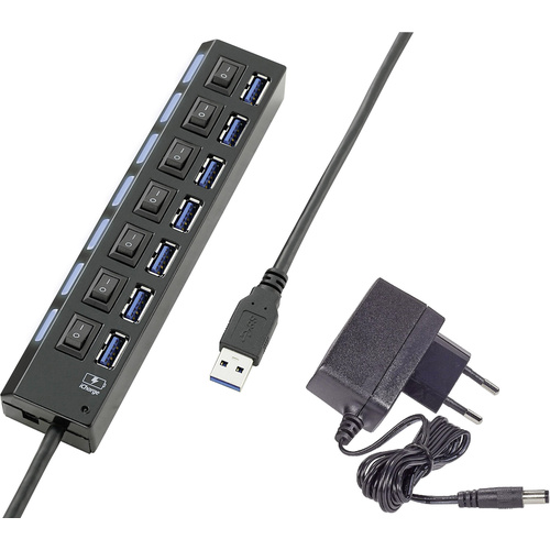 Renkforce 7 Port USB 3.2 Gen 1-Hub (USB 3.0) einzeln schaltbar, mit Status-LEDs, mit iPad-Ladeport Schwarz