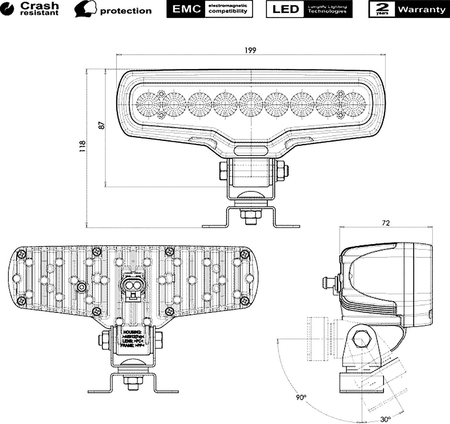 Technische Zeichnung einer LED-Leuchte mit Maßen. Oben links Logos für Stoßfestigkeit, Schutz, EMC, LED und 2 Jahre Garantie.