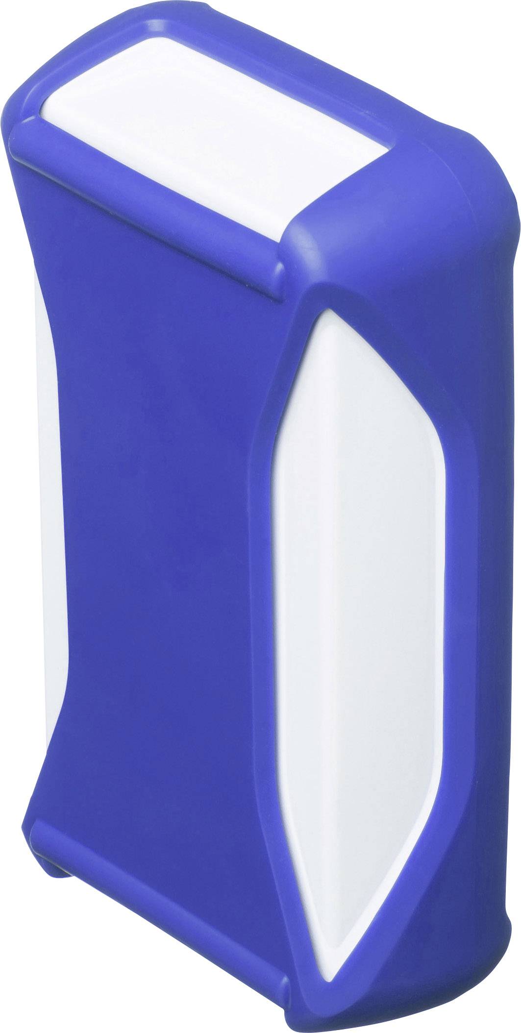 Ein blauer, rechteckiger Gegenstand mit abgerundeten Ecken und weißen Seitenflächen, möglicherweise ein elektronisches Gerät oder Zubehör.