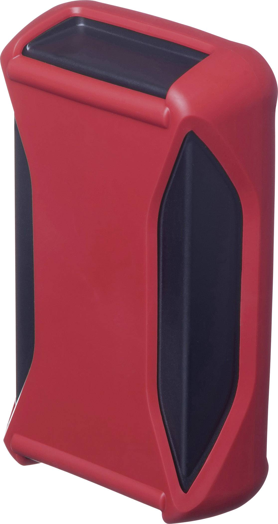 Rote, ellipsenförmige Handyhülle mit schwarzem Innenfutter und offener Oberseite, zum Schutz und Tragen eines Smartphones.