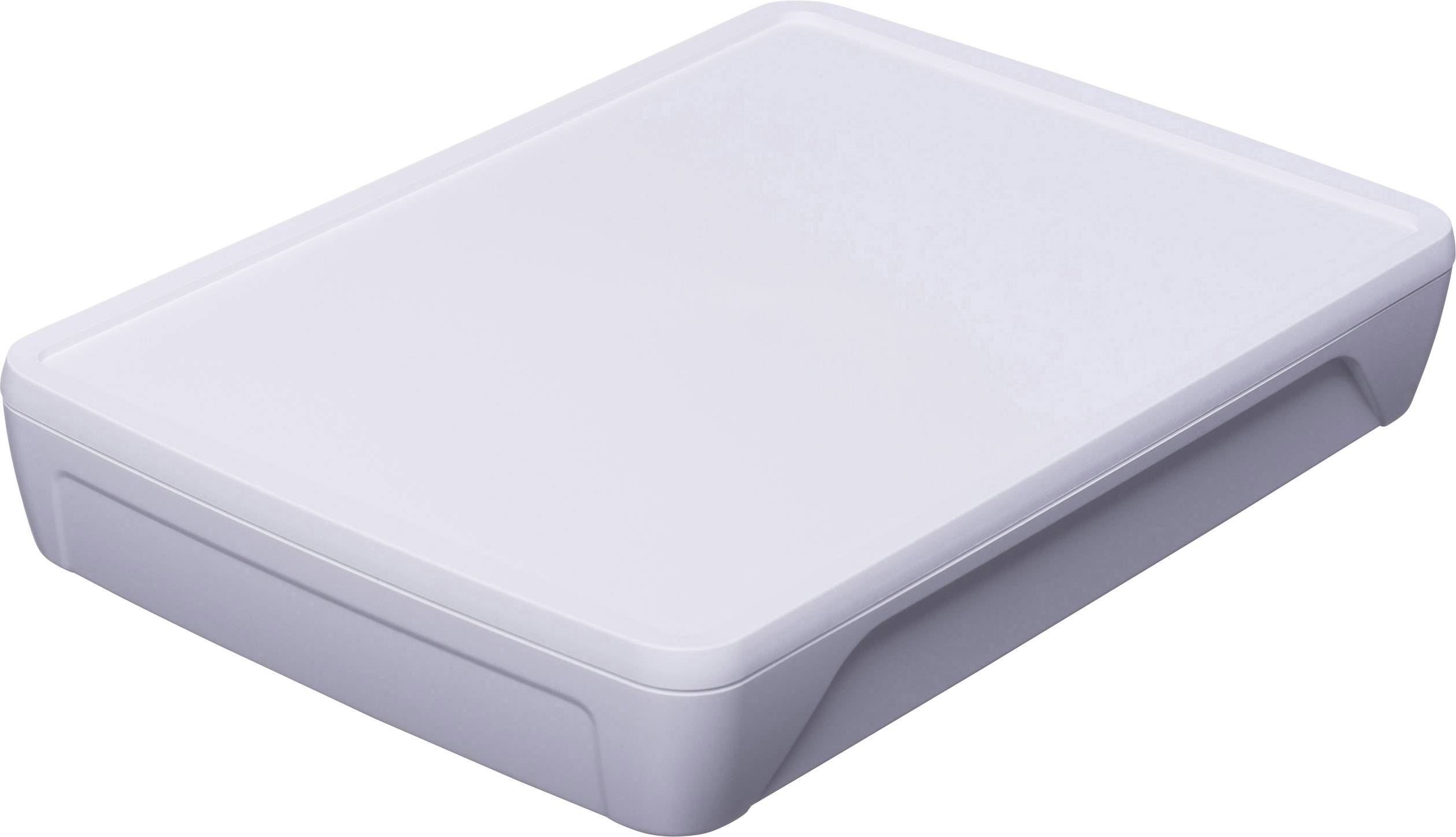 Ein flacher weißer Scanner mit abgerundeten Kanten, der auf einer ebenen Fläche liegt.