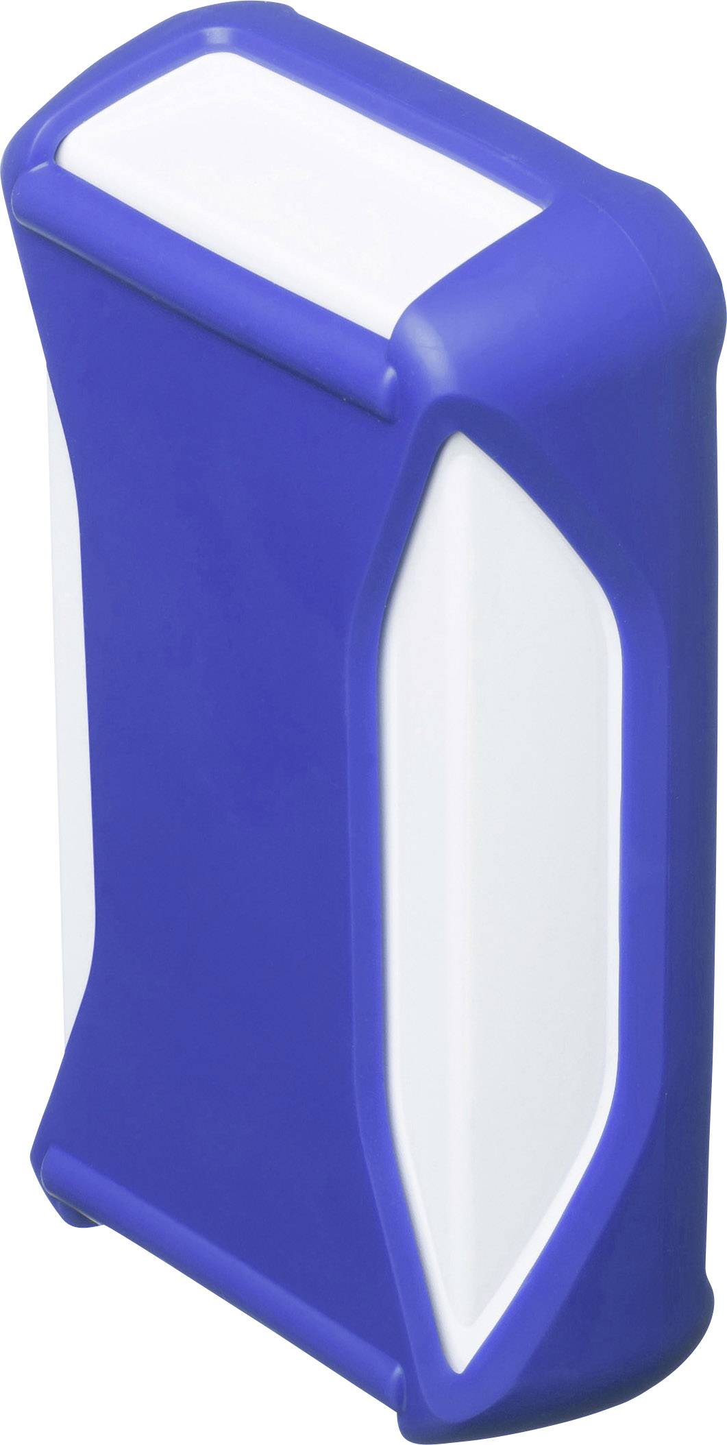 Blauer Plastikkoffer mit weißem Griff und Seitenflächen.