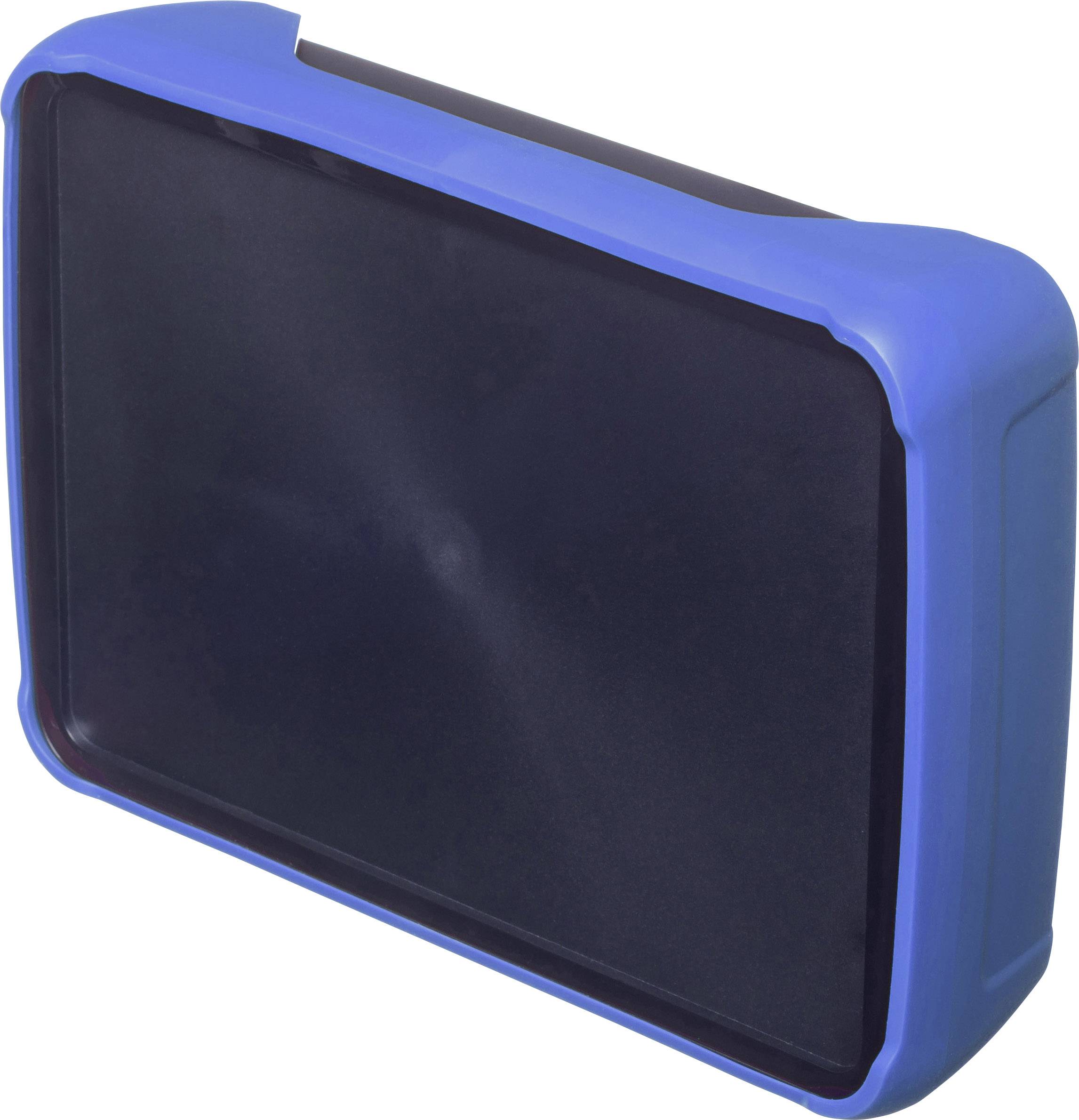 Ein rechteckiges, schwarzes Tablet in einer blauen Schutzhülle mit abgerundeten Ecken, auf einer neutralen Oberfläche.
