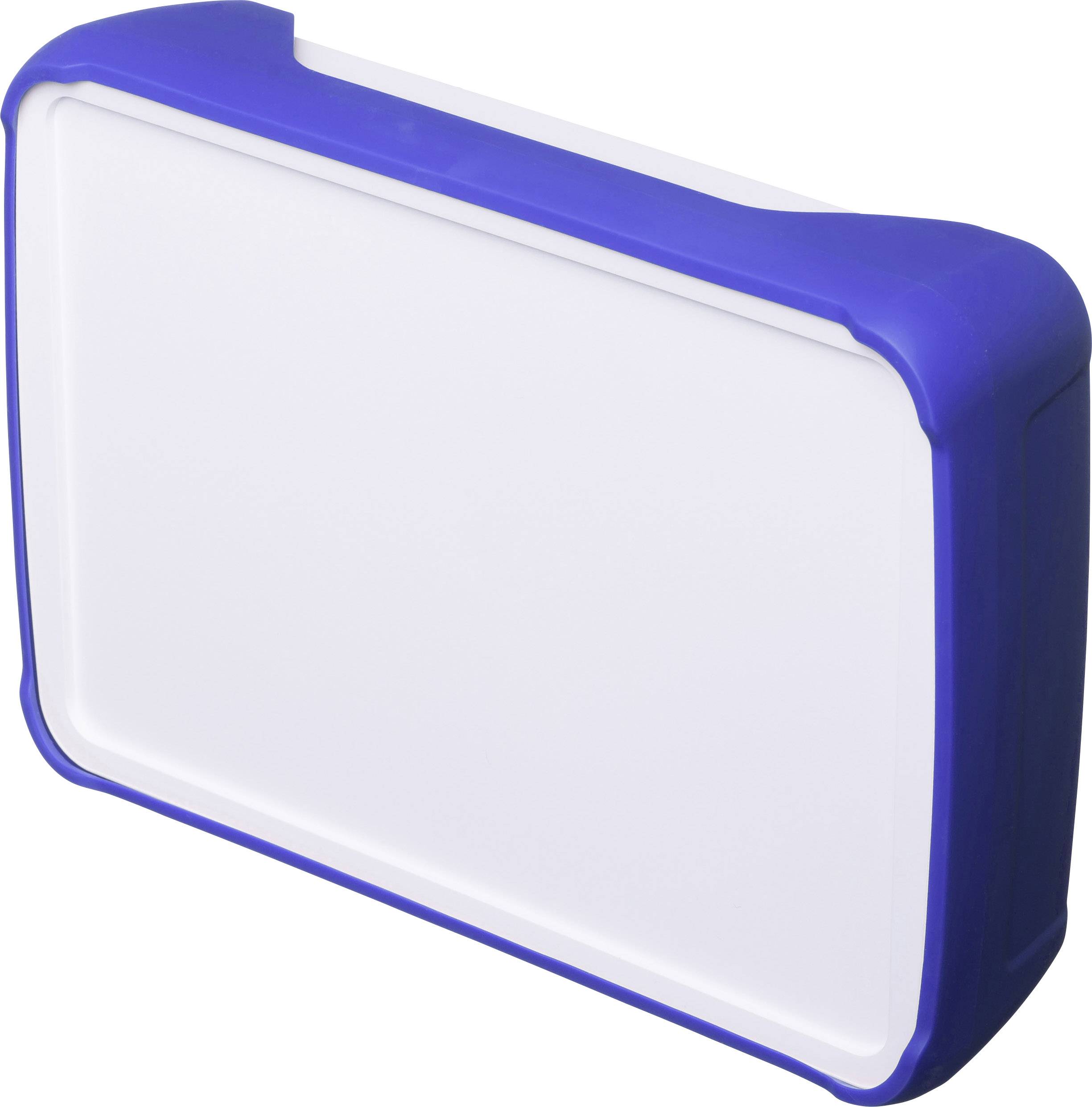 Weiße Plastikbox mit blauem Rand und abgerundeten Ecken.