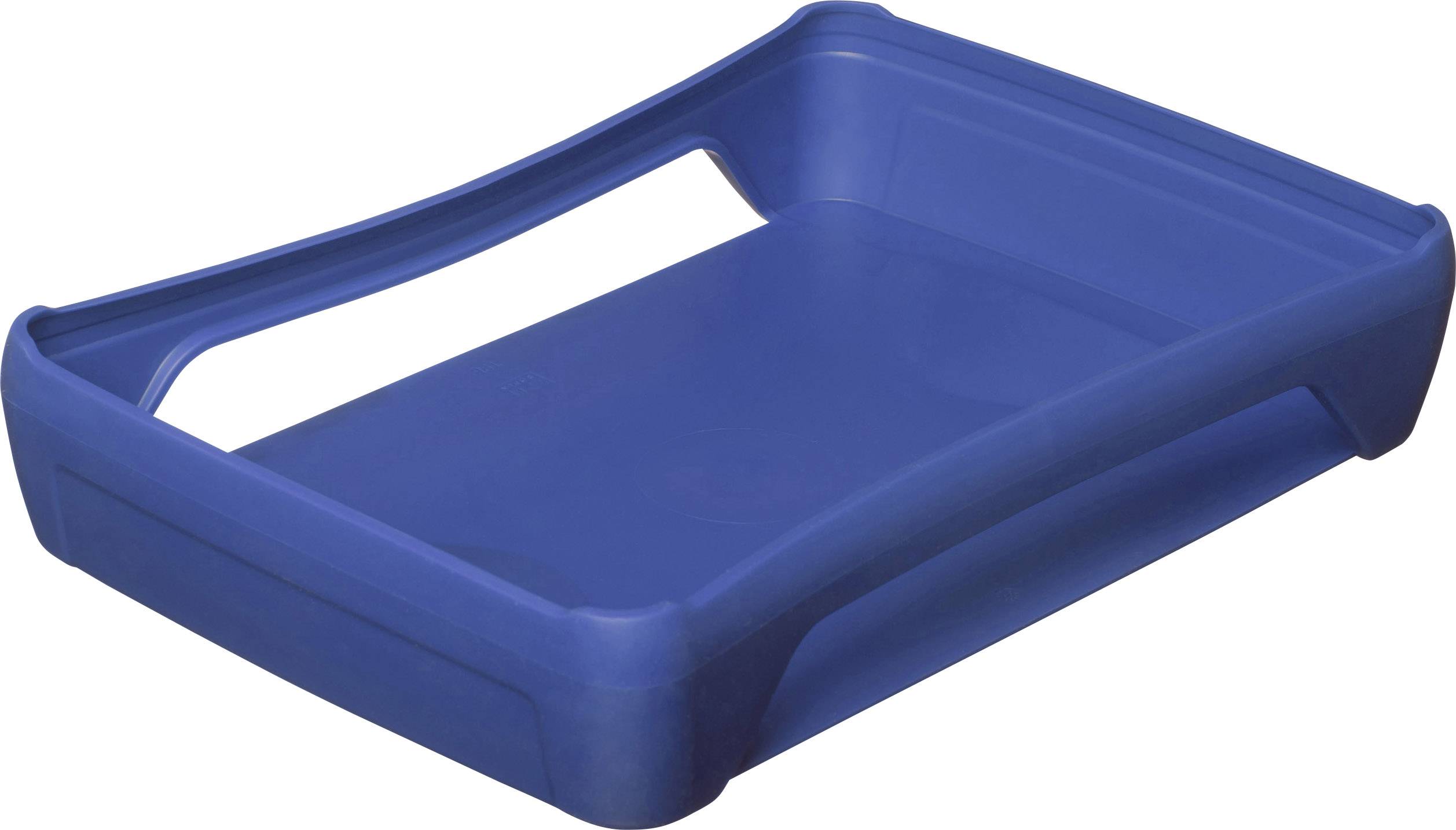 Ein blauer Briefablagekorb aus Kunststoff mit erhöhten Seiten zum Stapeln von Dokumenten. Perfekt für die Ordentlichkeit im Büro.