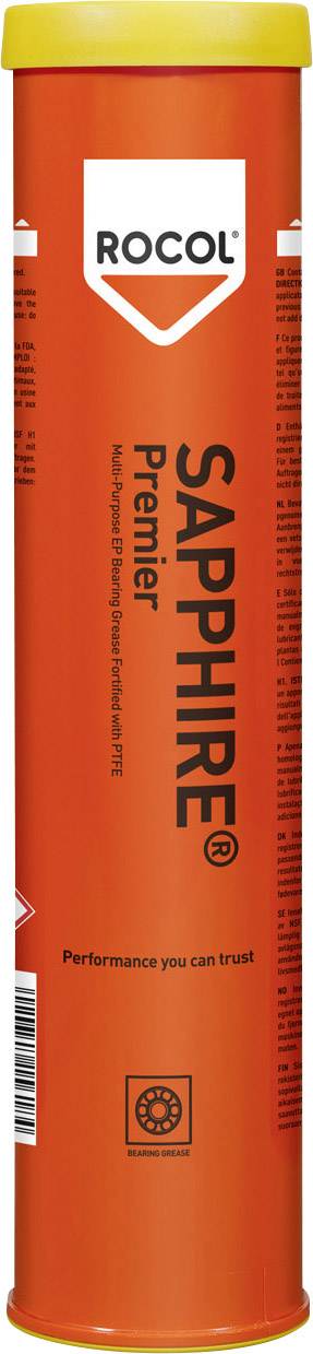 Eine orangefarbene Tube mit der Aufschrift 'ROCOL SAPPHIRE Premier', für Schmiermittel. Enthält den Slogan 'Performance you can trust'.
