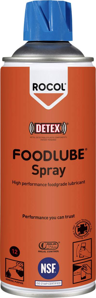 Eine orangefarbene Sprühdose mit weiß-schwarzem 'ROCOL'-Logo oben. Darunter steht 'FOODLUBE Spray', ein lebensmitteltaugliches Schmiermittel.