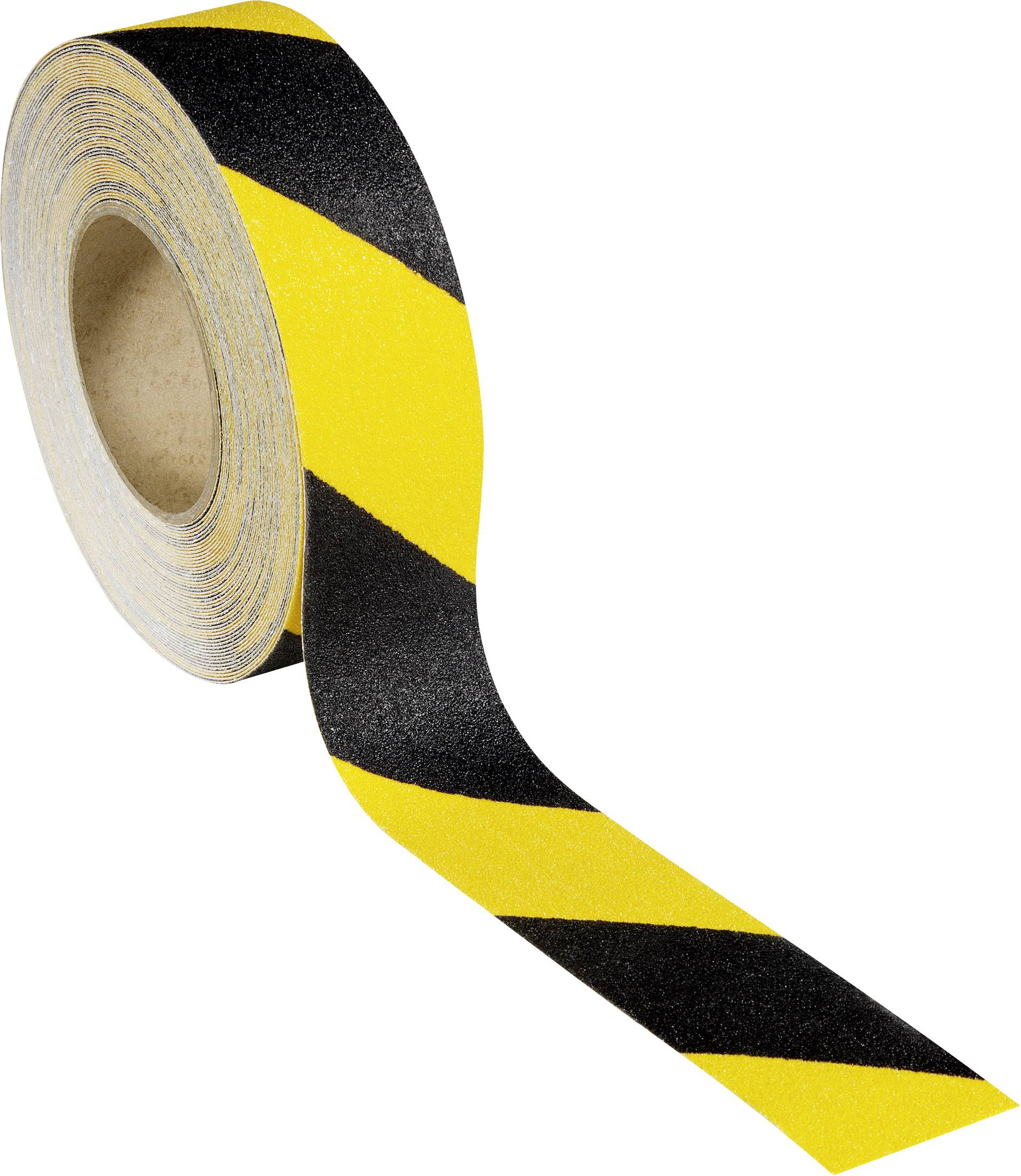 Eine Rolle Sicherheitsklebeband mit gelb-schwarzen Streifen, meist für Warnzwecke oder Absperrungen verwendet.