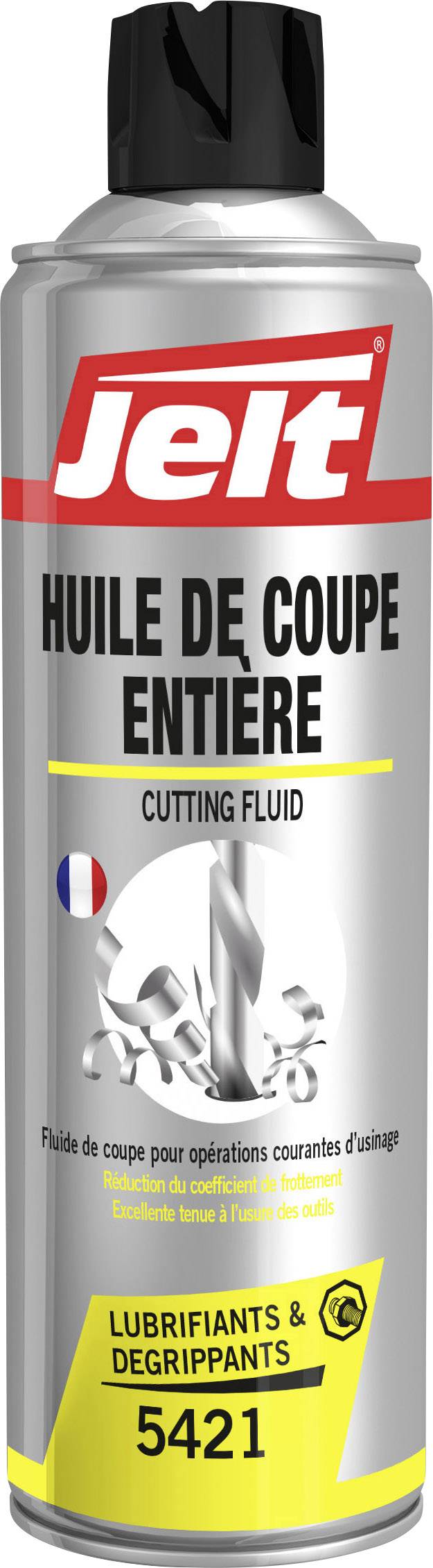 Dose Sprühöl 'Jelt Huile de Coupe Entière' für Schneidarbeiten, silbernes Etikett mit französischer und englischer Beschreibung.