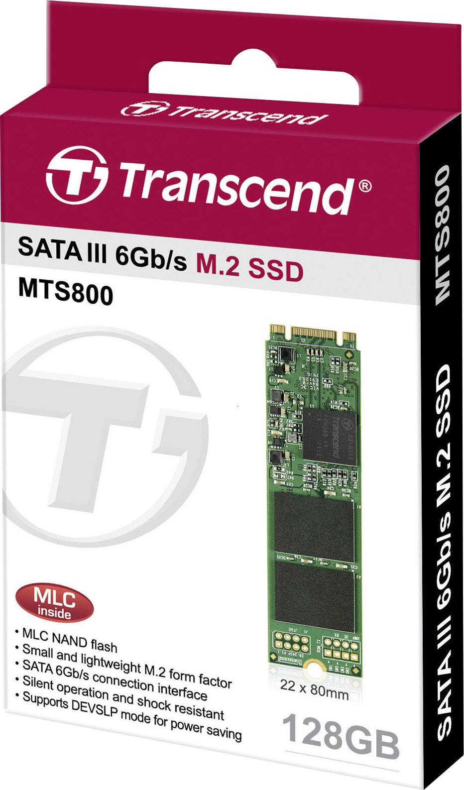 Transcend SATA III 6Gb/s M.2 SSD MTS800, 128GB, MLC NAND, kompaktes Format, unterstützt DEVSLP für Energieeinsparung.