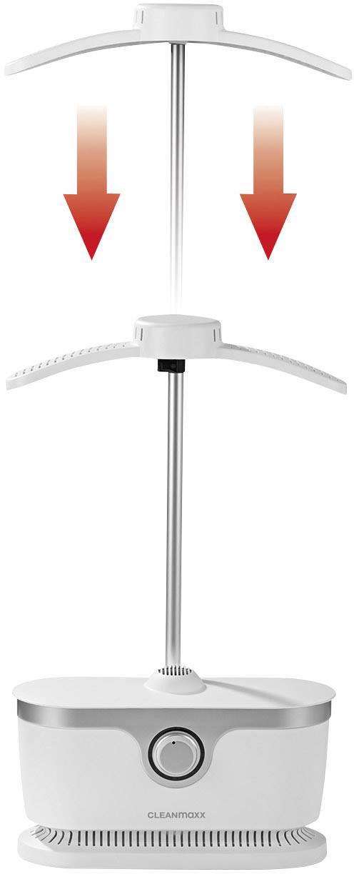 Kleidungsglätter mit zwei Kleiderhaltern und Dampfsystem. Zwei rote Pfeile zeigen auf die Halter. Gerät dient zum Glätten von Kleidung.