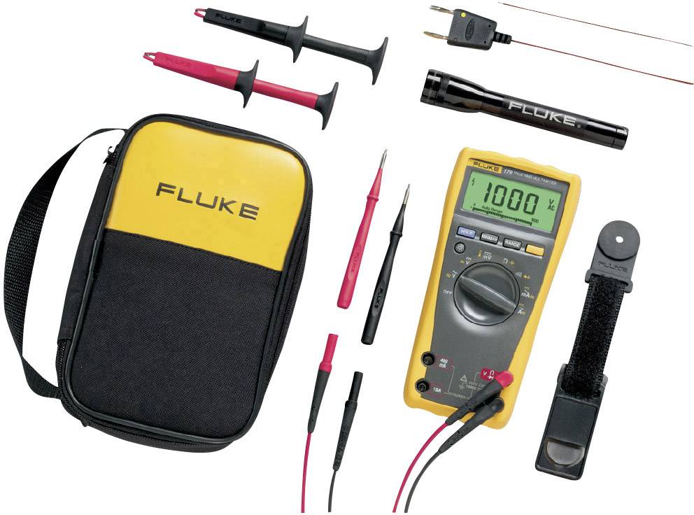 Digitalmultimeter-Set mit Tasche, Messleitungen, Sonde, Thermometerfunktion und Zubehör. Gerät zeigt Wert '1000' auf Display.
