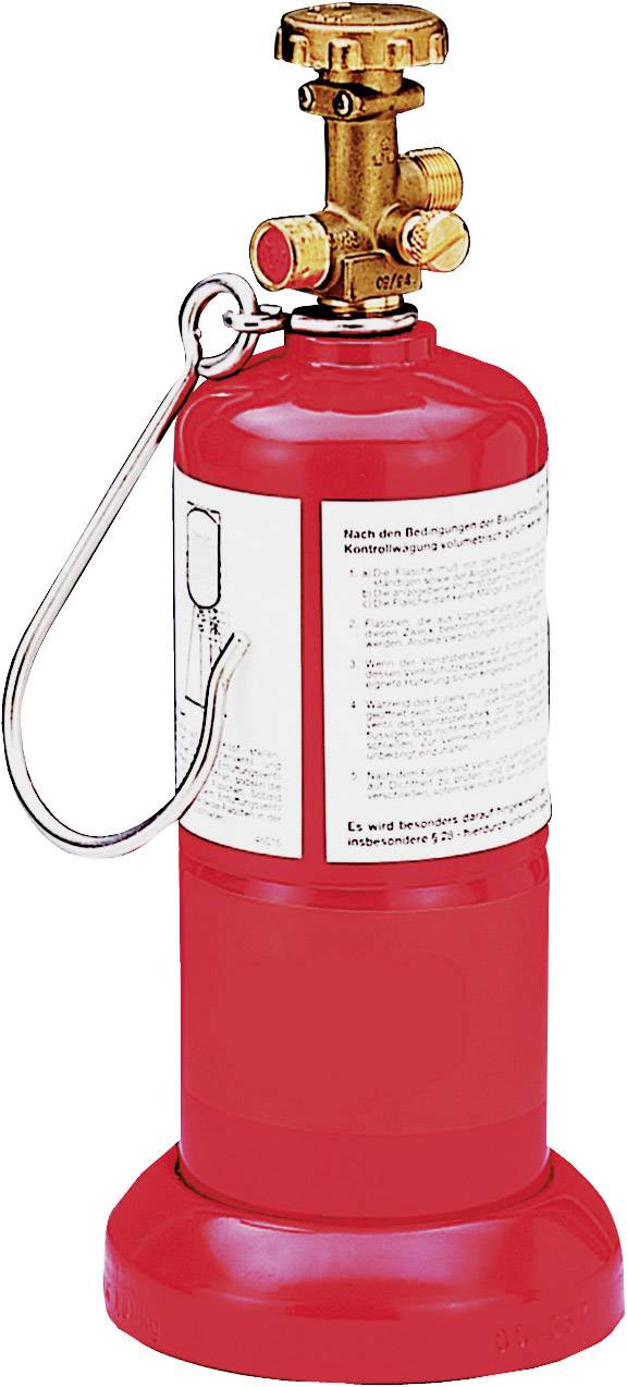 Ein roter Handfeuerlöscher mit goldfarbenem Ventil und silbernem Sicherheitshalter, zur Brandbekämpfung geeignet.