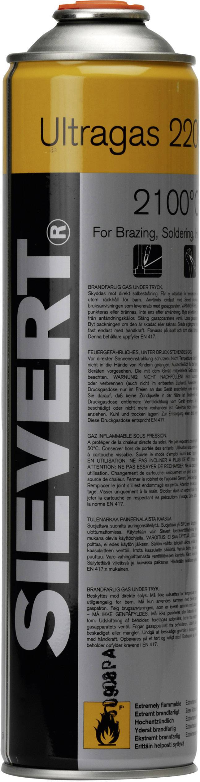 Gasflasche mit der Marke Sievert, Modell Ultragas 2200° C, geeignet für Hartlöten und Schweißen. Enthält Sicherheitsinformationen.