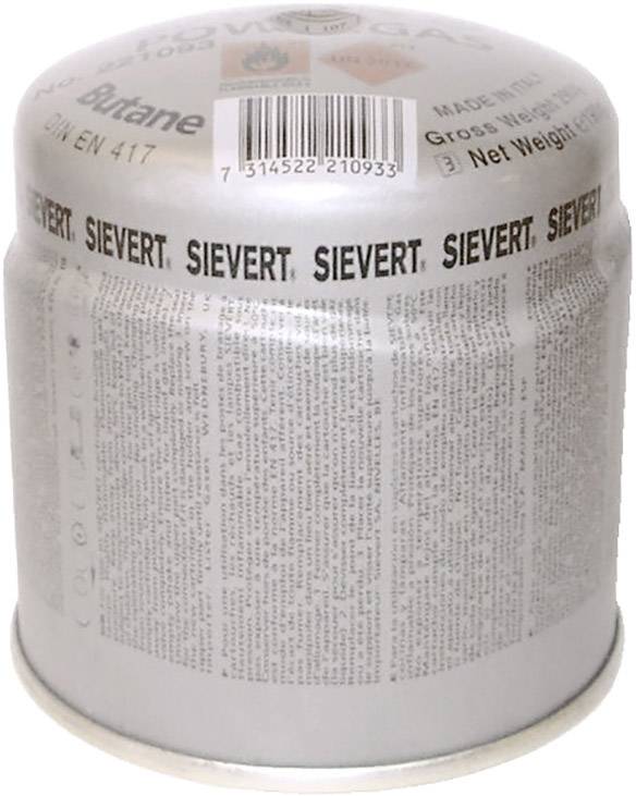 'Butangas Sievert' Kartusche, zylindrische Form, mit Bedienungshinweisen bedruckt, geeignet für Hochleistungsbrenner und Kocher.