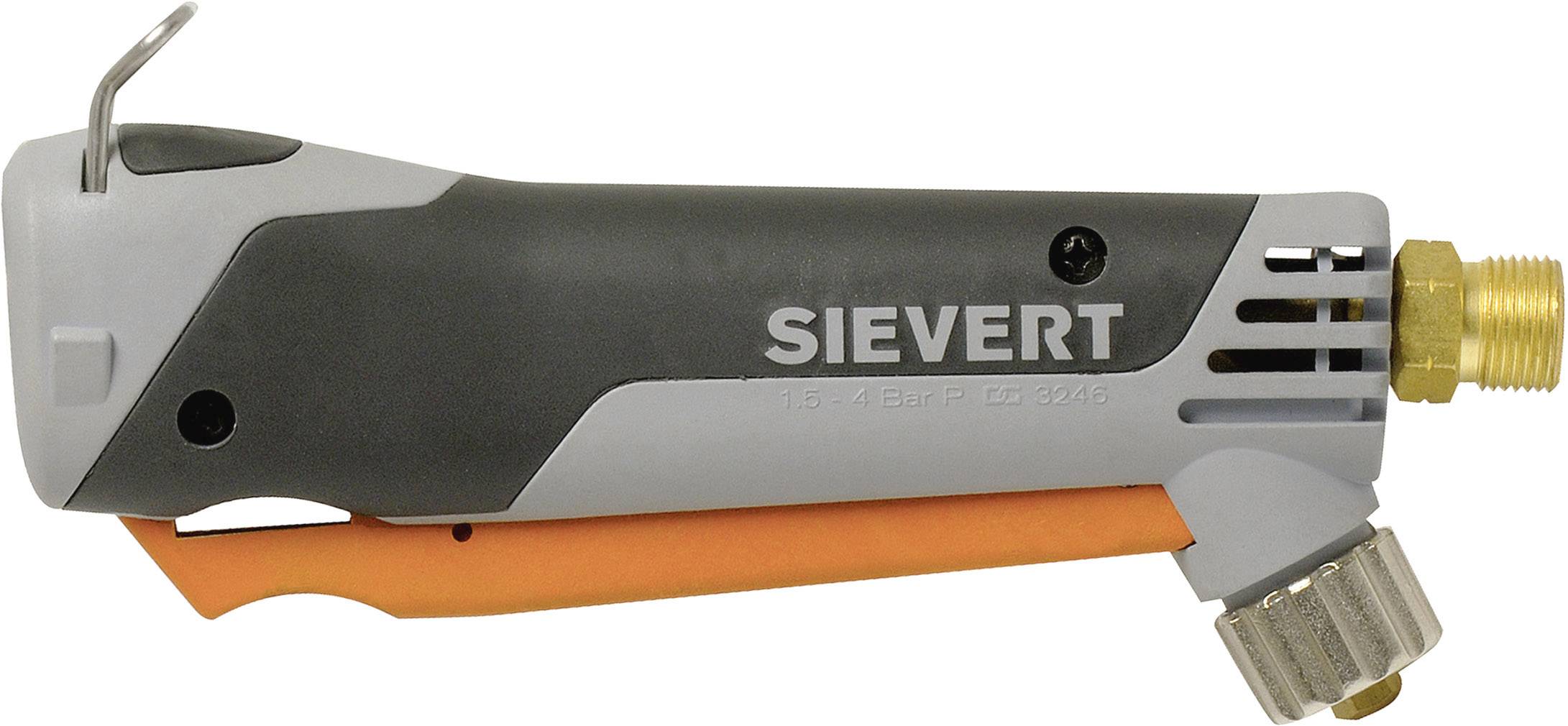 Brenner mit der Aufschrift 'Sievert', graues Gehäuse, goldfarbenes Anschlussstück und orangener Hebel, industrielles Design.