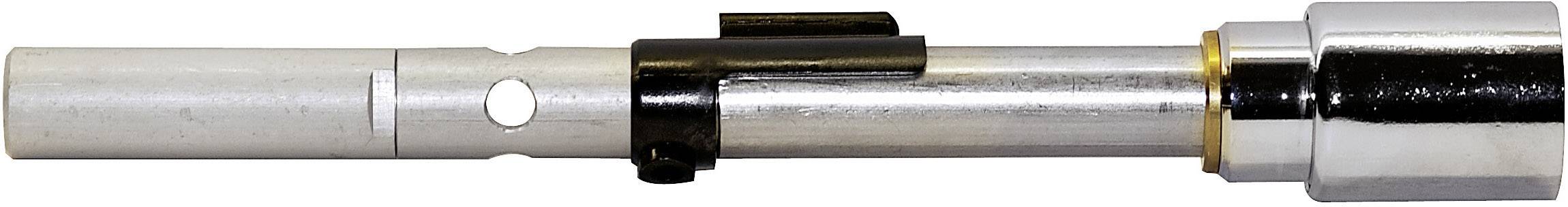 Ein zylindrisches, silbernes Metallwerkzeug mit einem schwarzen Hebel und einer kleinen gelben Kante, das möglicherweise Teil einer Maschine ist.