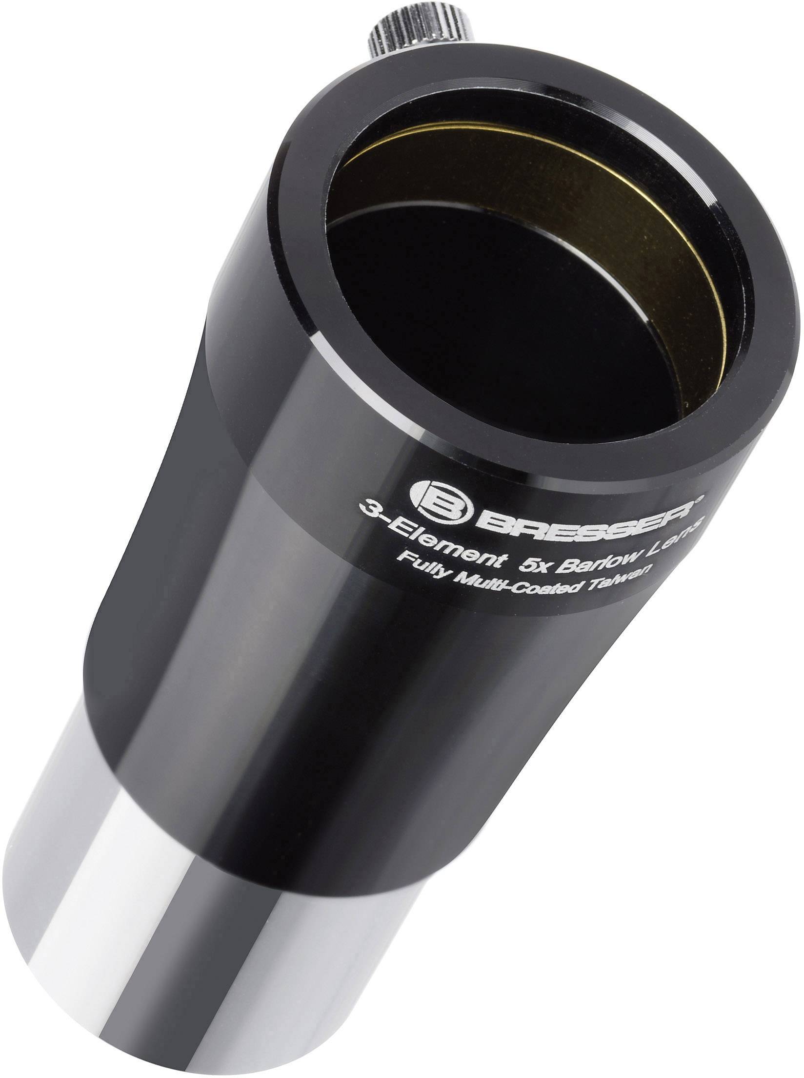 Schwarze Barlow-Linse mit Silberbasis und Schriftzug 'BRESSER 3-Element 5x Barlow Lens'. Astronomie-Zubehörteil.