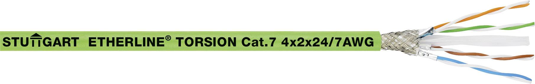 Grünes Netzkabel der Marke 'Stuttgart Etherline' mit Aufschrift 'TORSION Cat.7 4x2x24/7AWG.'